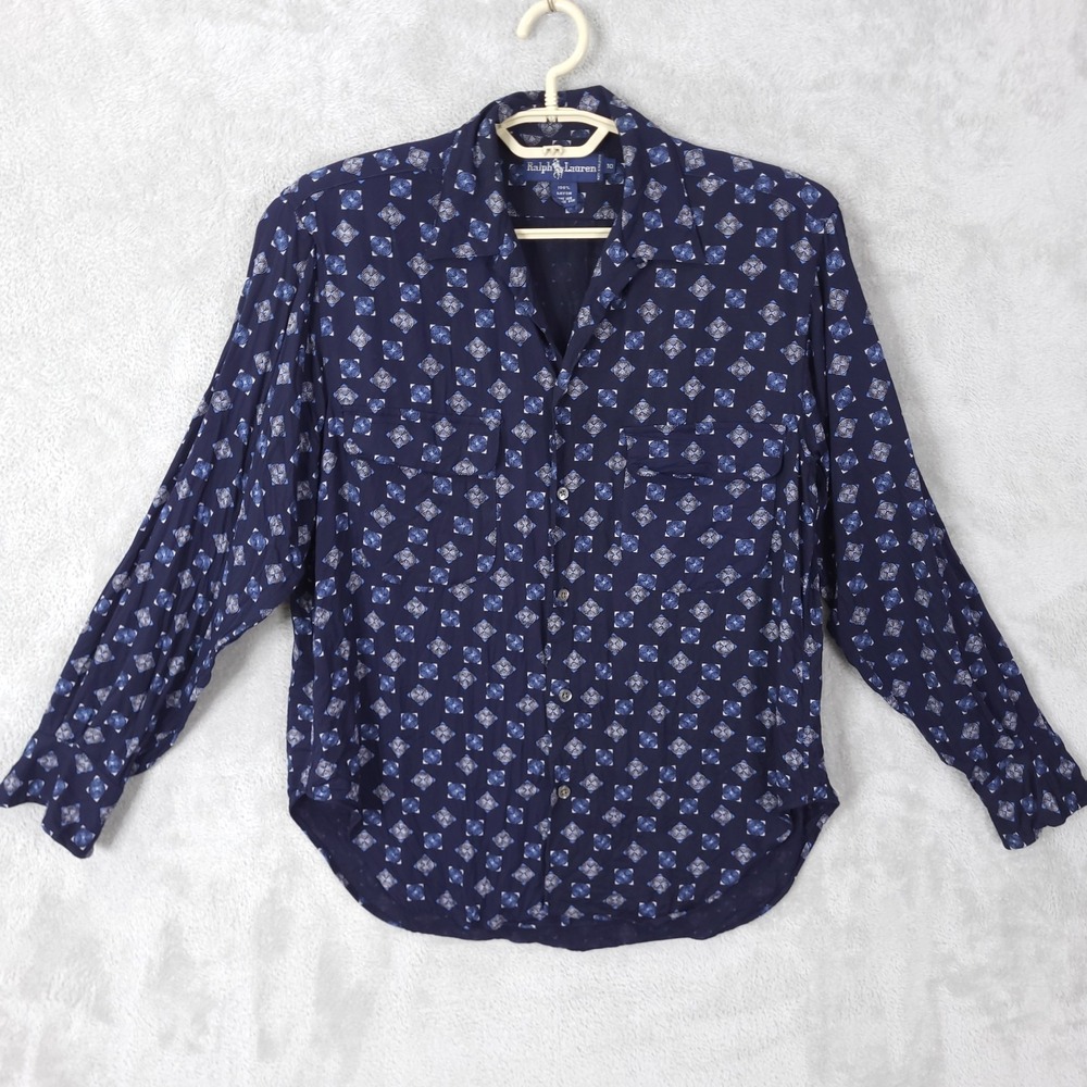 Ralph Lauren Button Down Shirt Womens 10 Geometric Long Sleeve Padded Shoulder